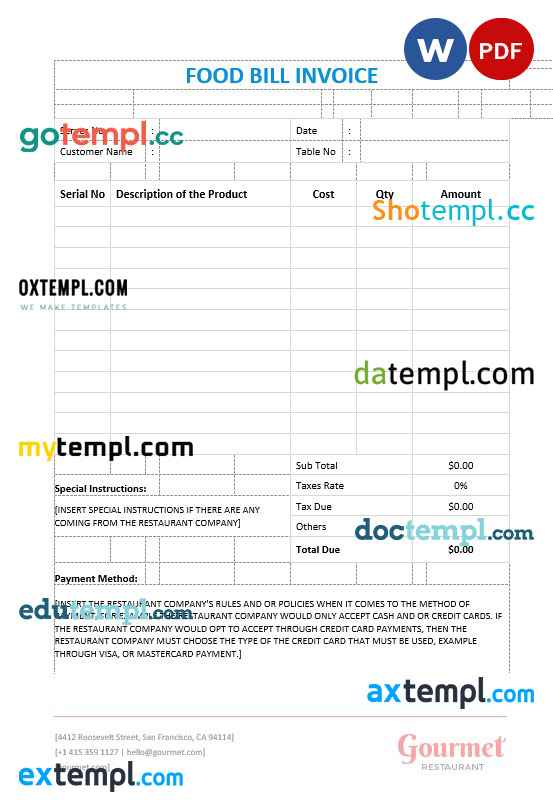 Food Bill Invoice template in word and pdf format Oxtempl we make